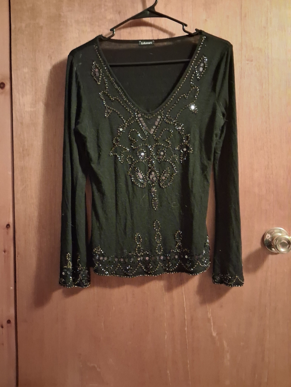 Lulumari Black Long-Sleeve V-Neck Embellished Top. STUNNING.